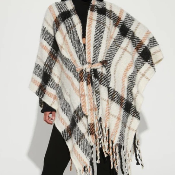 Liz Claiborne Plaid Check Wrap Fringe Oversize Cardigan Blanket-Poncho Coverup - Picture 1 of 4